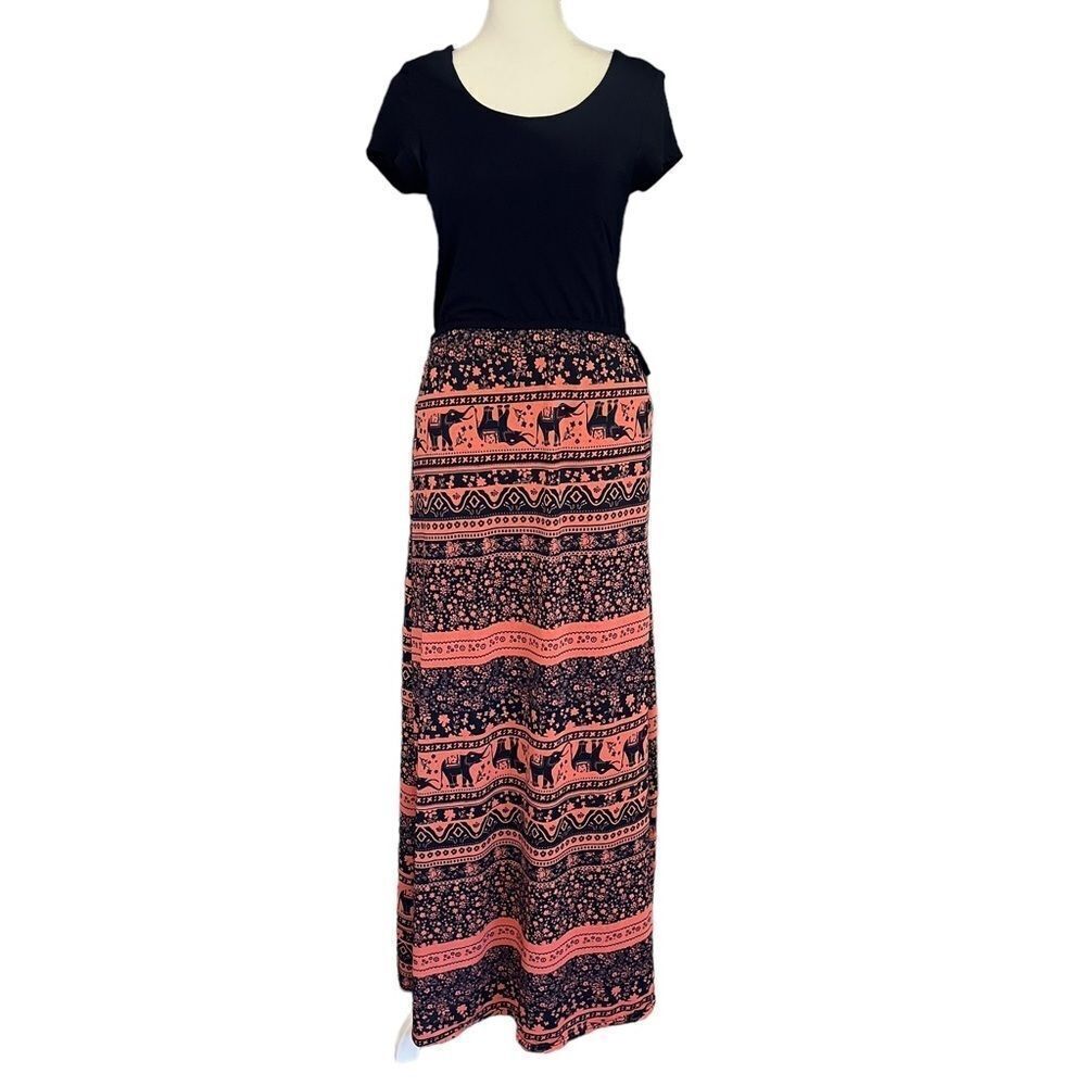 Rue 21 Womens Size S Blue & Coral Elephant Pattern Long Summer Dress​​​​